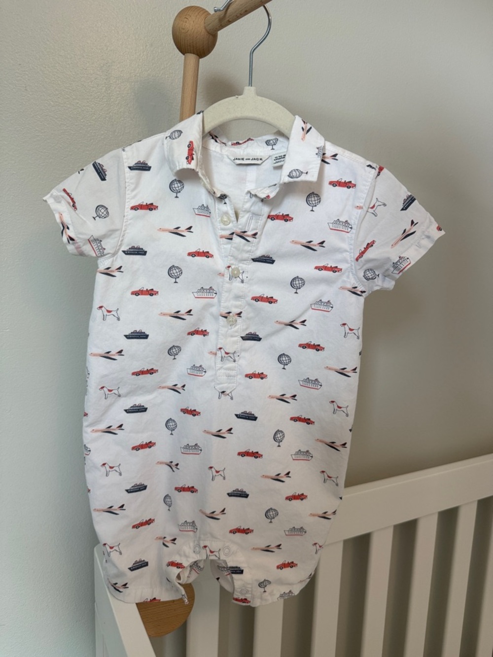 Janie & Jack Short-Sleeve Romper with Travel Print - White & Red
